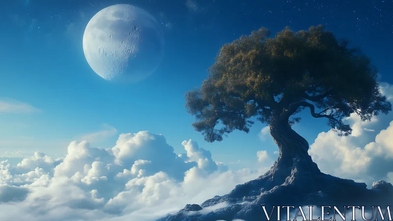 Moonlit skyroot tree leans above an ocean of wandering clouds