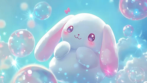 Kawaii cloud bunny drifting among sparkling pastel bubbles.