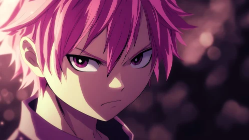 Serious pink haired anime boy with intense gaze closeup.