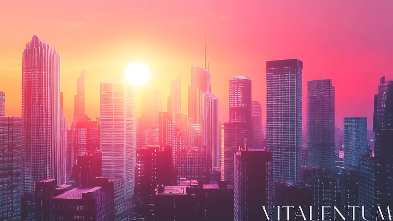 Spectral neon high‑rise skyline under saturated sunset glow.