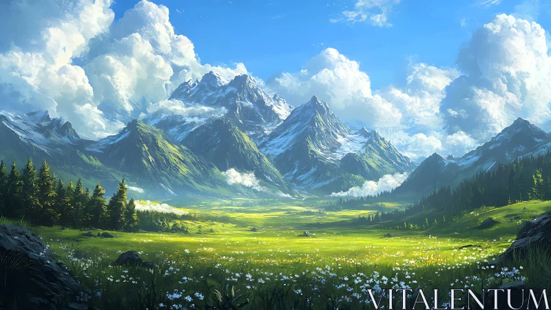 High-altitude alpine valley with snowcapped peaks and cumulus sky