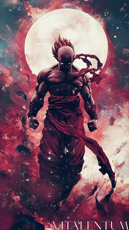 Celestial warrior ascends against full moon in dynamic hues