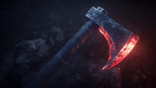 Smoldering battle axe glows with fierce forged power in darkness