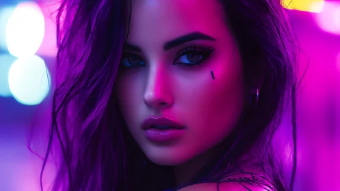 Neon-lit cyber-noir portrait isolates intense female gaze