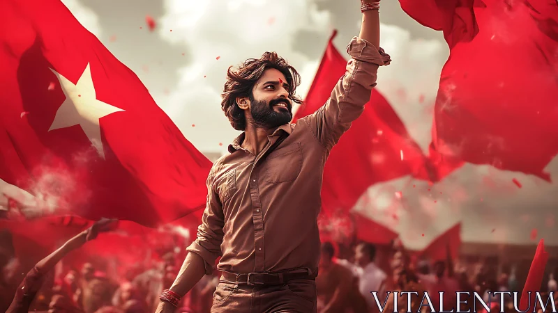 Dynamic rally leader amid red flag field, cinematic lighting.