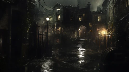 Rain-soaked Victorian courtyard glows under dim lamplight