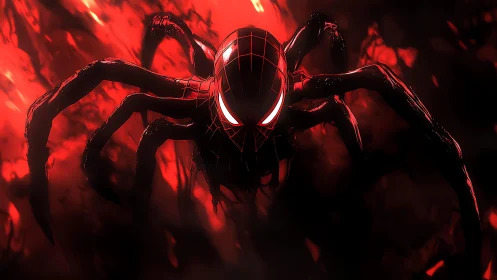 Spider-like masked figure emerging in crimson inferno glow.