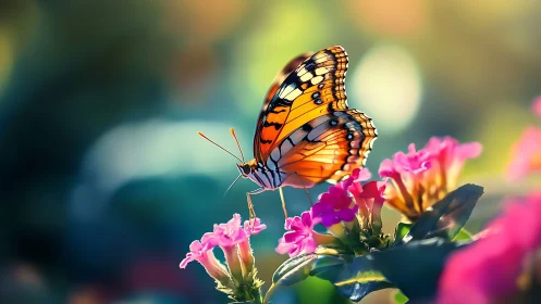 Macro study of orange butterfly on pink blossoms with shallow DOF