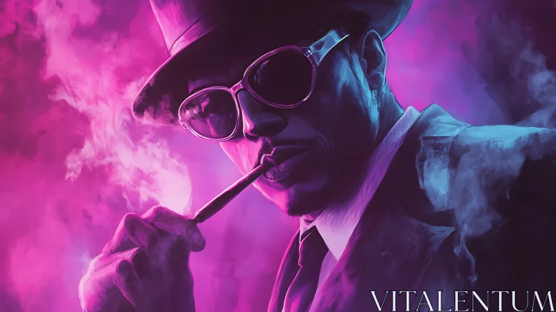 Neon-lit noir smoker in magenta vapor haze portrait