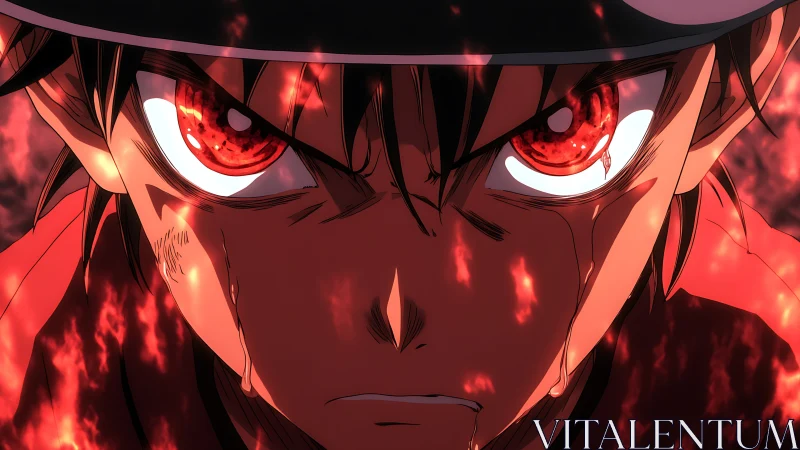 Fiery anime hero locks in with intense, burning resolve.