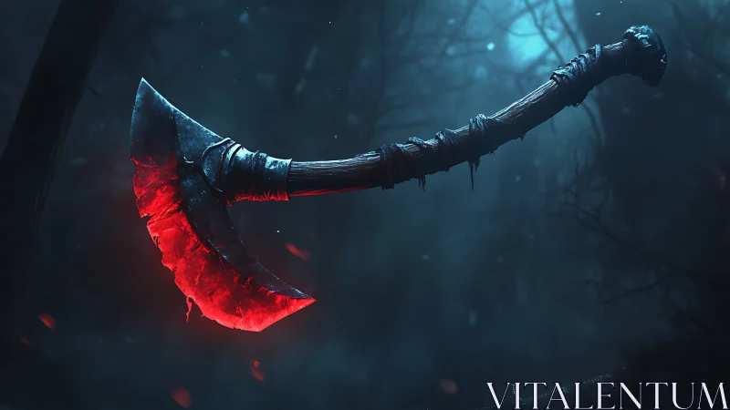 Crescent blood-red axe suspended in misty night forest.