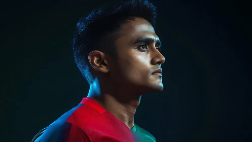 Studio-lit athlete portrait with directional rim lighting profile.