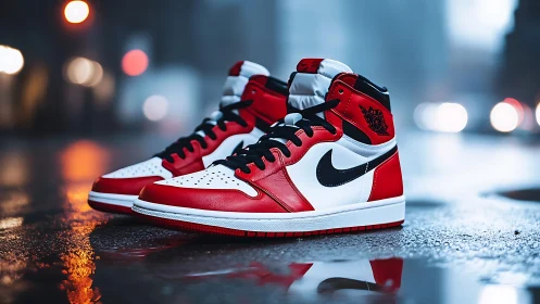 Red and white high-top sneakers on wet city street at night.