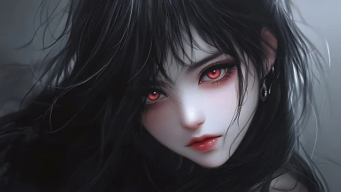 Pale girl with crimson eyes under windswept black hair.