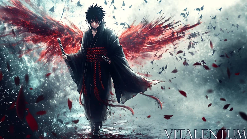 Dark swordsman strides with burning crimson wings amid storm