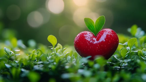 Crimson Heart Gleaming Through Emerald Moss Garden.