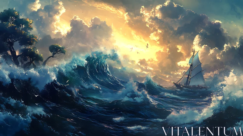 Sailing vessel in rough ocean waves under illuminated clouds.