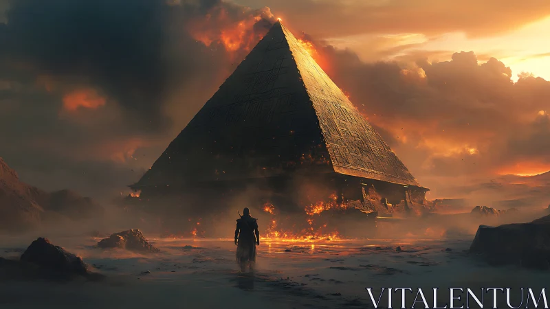 Burning pyramid dominates a stormy, apocalyptic desert horizon.