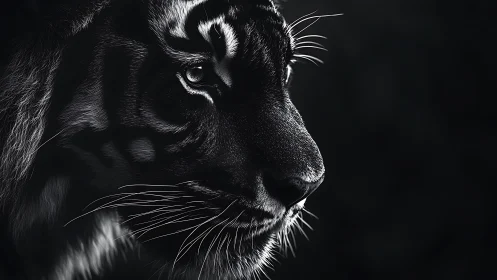 High contrast monochrome tiger profile with directional rim lighting