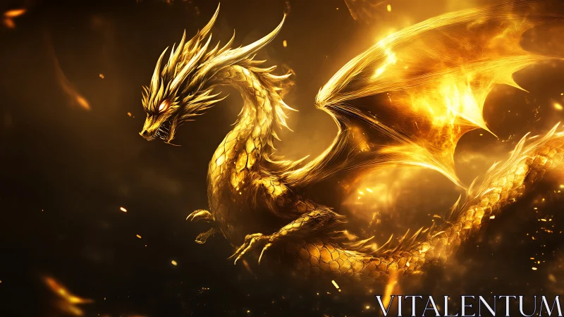 Golden draconic silhouette in molten backlit particle storm.