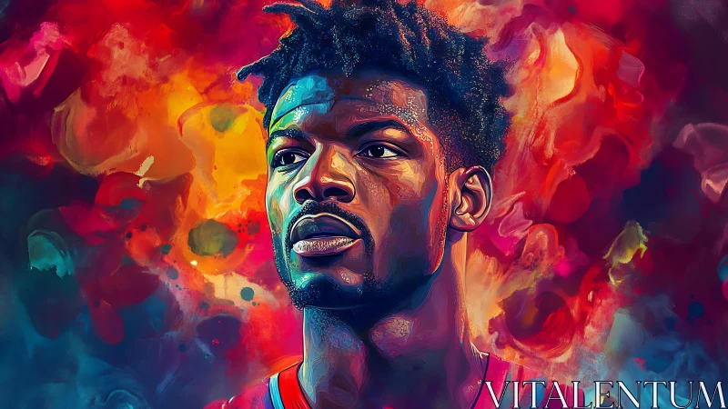 Vibrant digital portrait against blazing abstract colors.