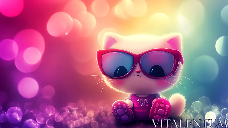 Neon Cat with Sunglasses Against Glowing Bokeh Background.