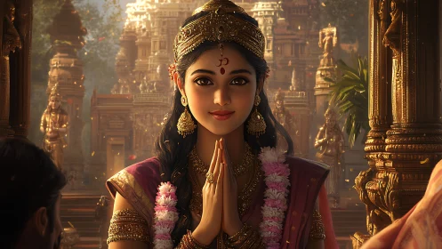 Golden temple greeting with a serene, smiling devotee.