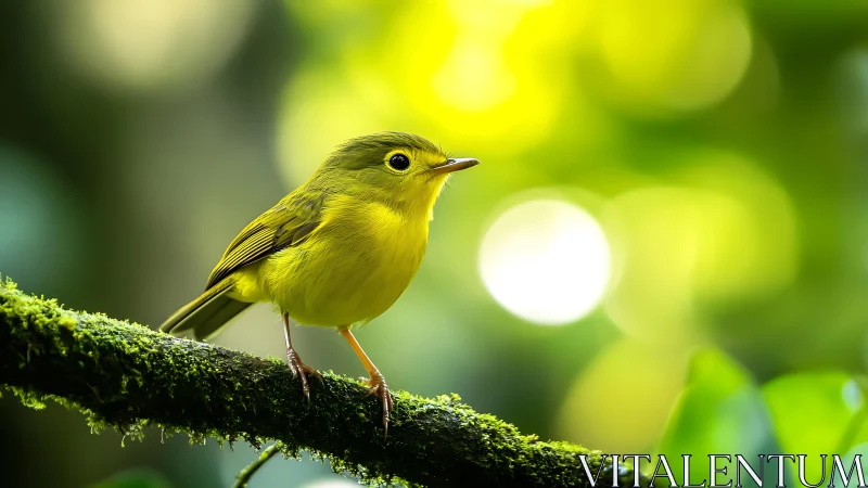 Bright Yellow Songbird on Mossy Branch, Nature Photography.