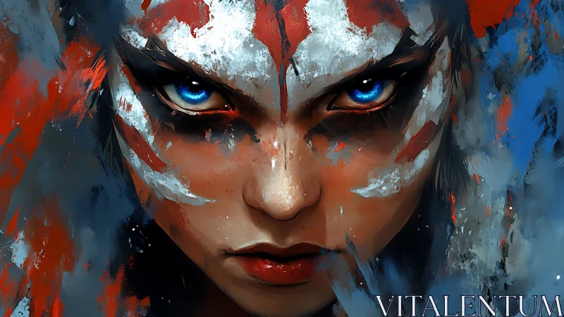Warpainted warrior portrait with intense blue eyes closeup