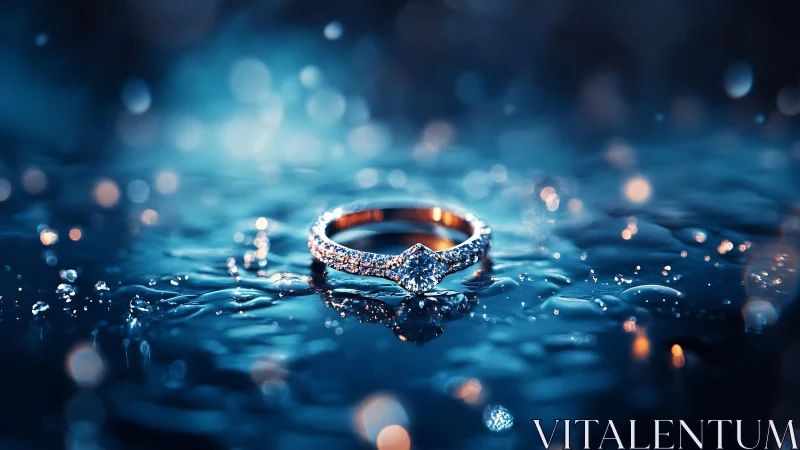 Glistening diamond ring rests softly on shimmering water