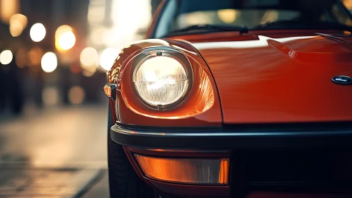 Crimson classic coupe winks under golden evening citylights.