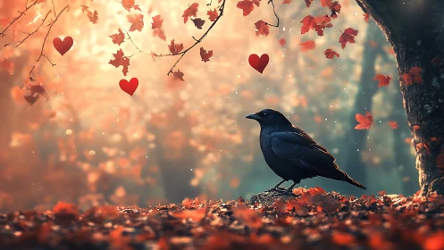 Black bird perched in autumn forest with floating hearts.