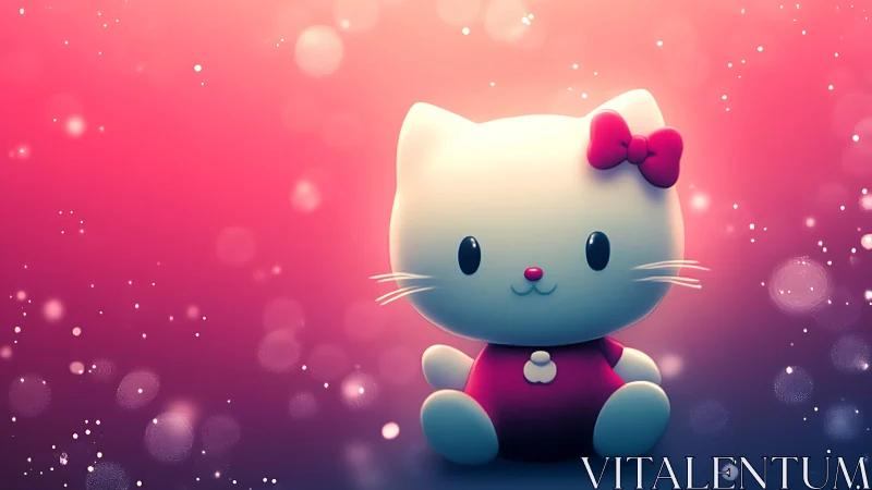 Cute White Cat Character with Pink Bow in Glowing Bokeh.