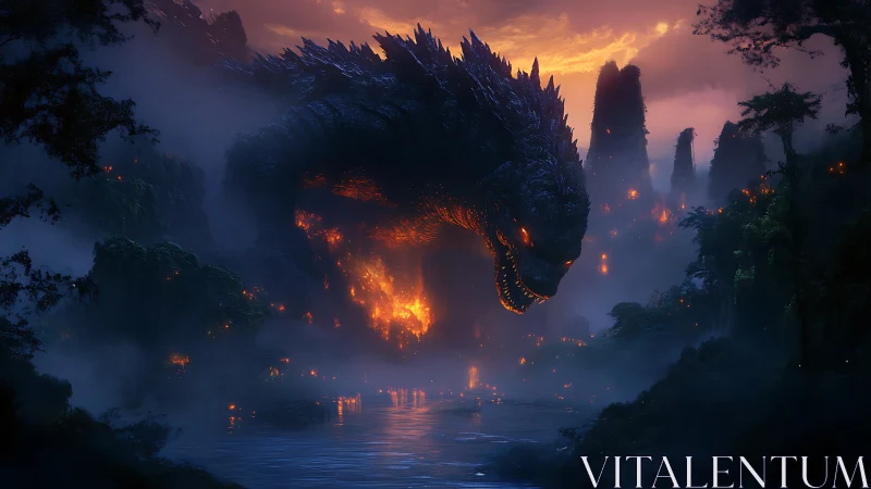 Colossal fire-lit dragon descends upon a misty jungle valley