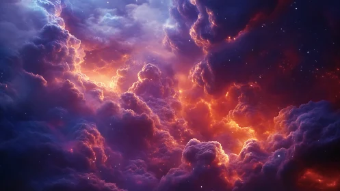 Fiery cosmic nebula clouds with glowing light core.