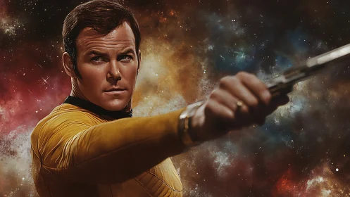 Photorealistic starship officer portrait with cosmic backdrop.