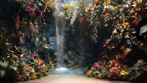Cascading Sanctuary: Floral Cathedral Embraces Celestial Waterfall.