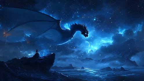 Starlit dragon soars above a lone mage on icy cliffs.