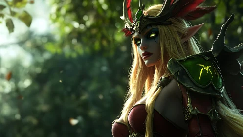Elven warrior queen watches the enchanted forest in silence