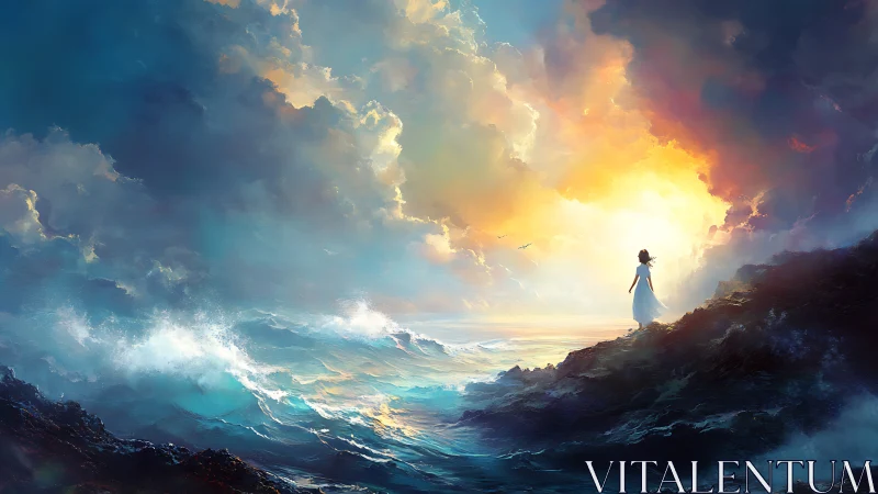 Storm-tossed shore greeting a blazing, heaven-bright dawn.