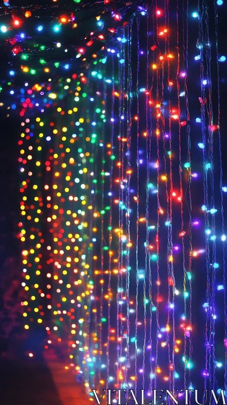 Vertical LED string curtain lights produce dense multicolor bokeh field