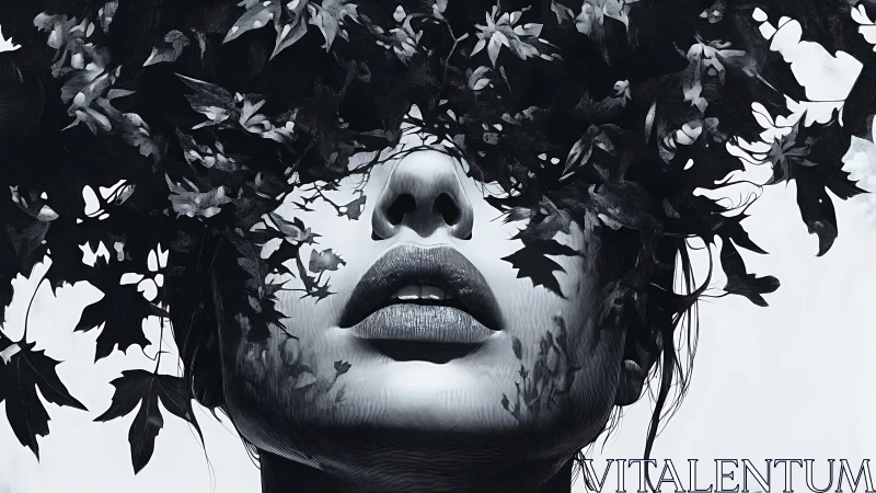 Surreal female portrait merges with swirling monochrome leaves.