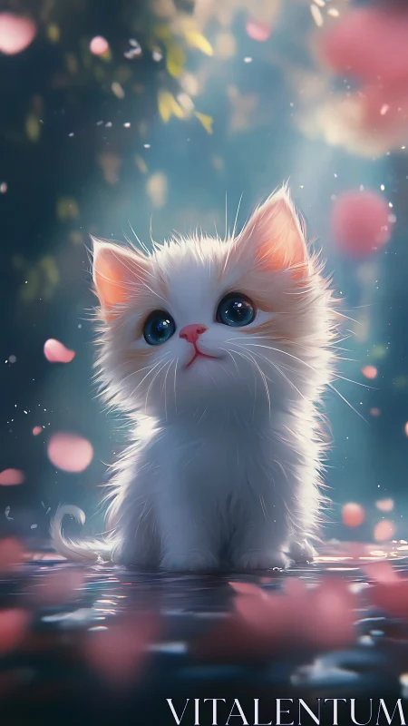 Fluffy White Kitten in Dreamy Pink Light.