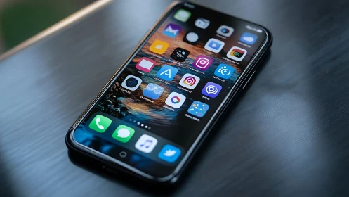 Modern smartphone displaying app ecosystem on reflective surface