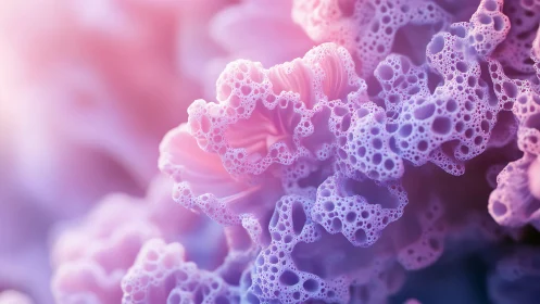 Macro view of porous pink and purple abstract cellular forms.