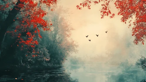 Mist veiled river at sunrise with crimson autumn canopy and birds