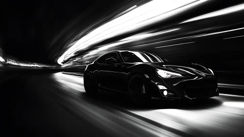 Black sports coupe racing through abstract light tunnel.