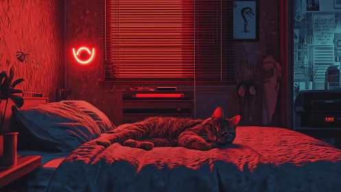 Domestic bedroom interior with cat under red neon light.