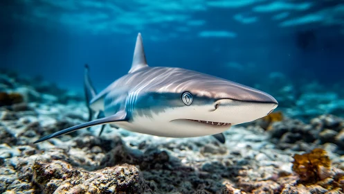 Sleek reef shark glides over coral in crystal blue water.