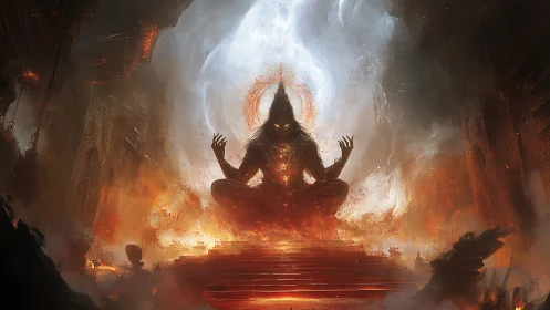 Fiery deity figure levitates above blazing temple steps